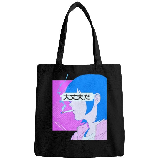 90's Sad Anime Girl Smoking Retro Lofi Japanese Ae Bags