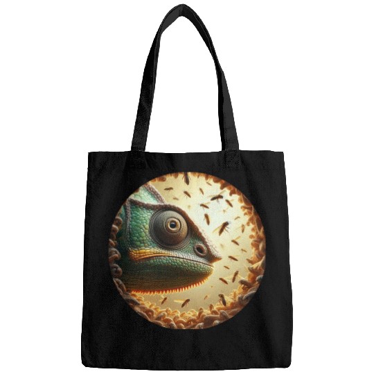 Chameleon head surrounded by bees Bags