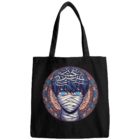 Anime face with Arabic letters Bags