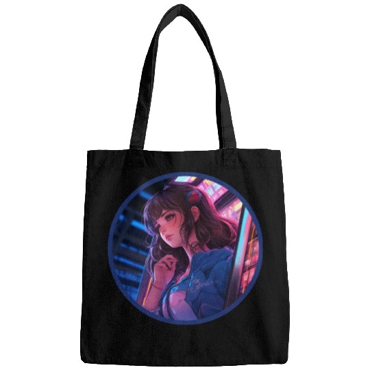 Jukebox Anime Girl Vaporwave Neon Glow Retro Bags