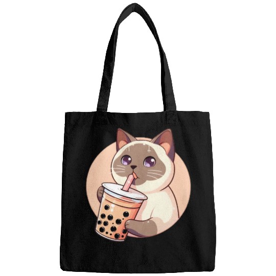 Siamese cat having bubble tea Bags