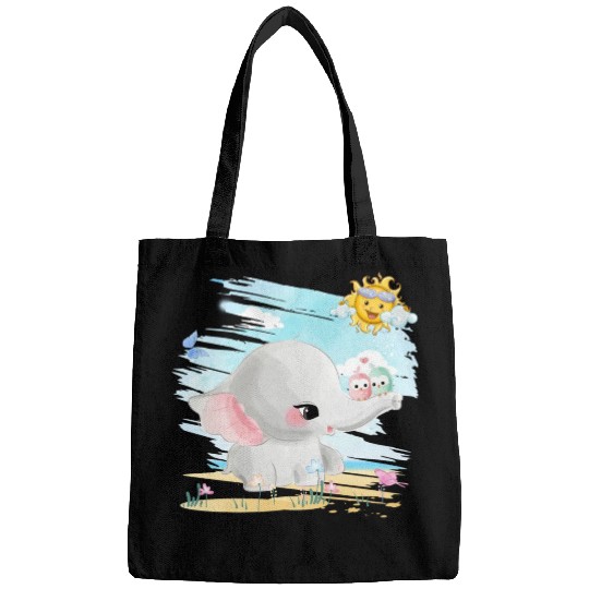 Elephant Walking At Beach With 2 Birds Friends Bags