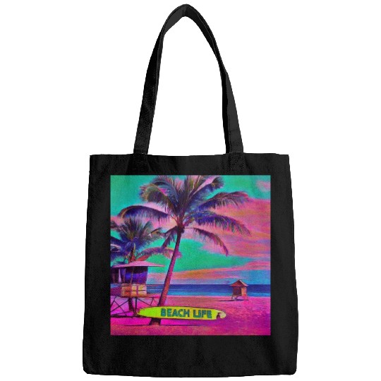 Neon Beach Life Scene 90's Vibes - Surfboard, Sand Bags