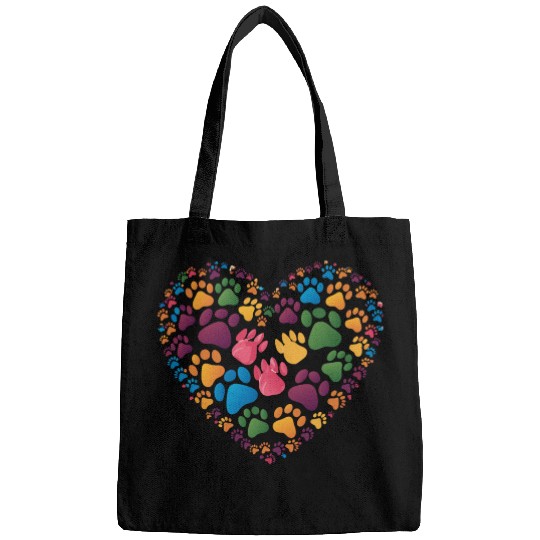 Colorful Cat Paw Prints Forming a Heart Shape Bags