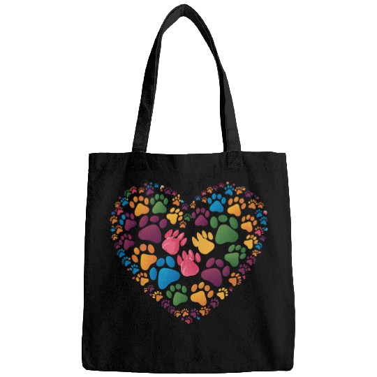 Colorful Cat Paw Prints Forming a Heart Shape Bags
