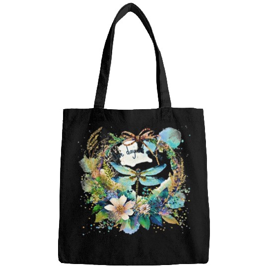 One day at a time dragonfly floral Bags