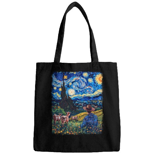 Cow Farmer Farming Farm Starry Night Painting Bags