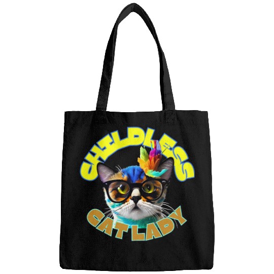 Colorful Cat with Glasses - Childless Cat Lady Bags