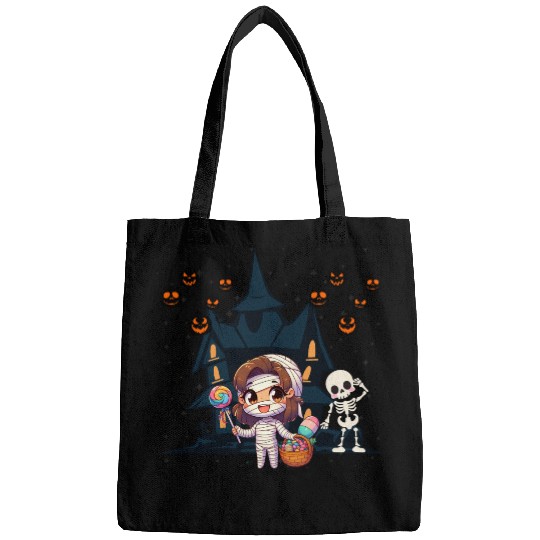 Friendly mummy and skeleton illustration Bags