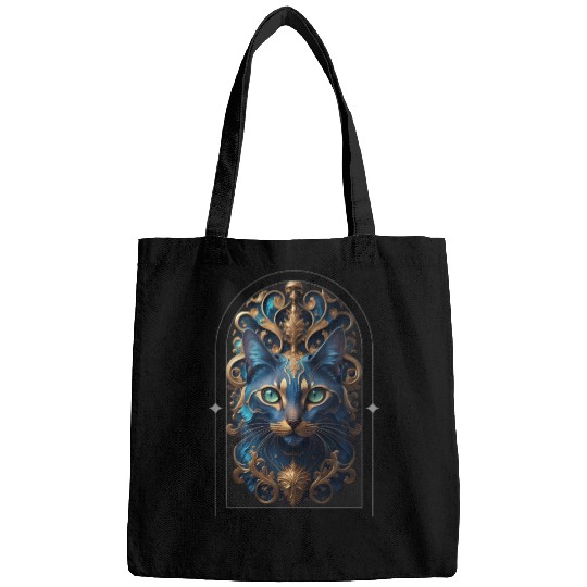 Elegant stylish blue and gold cat face Bags