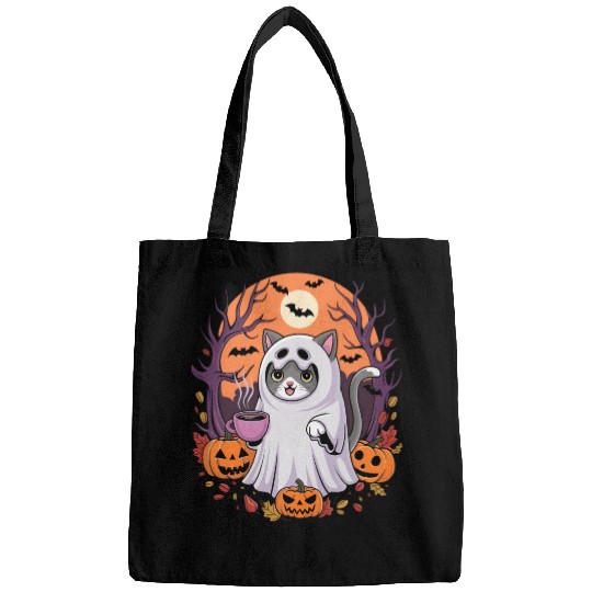 Halloween Ghost Cat with Pumpkins Bags