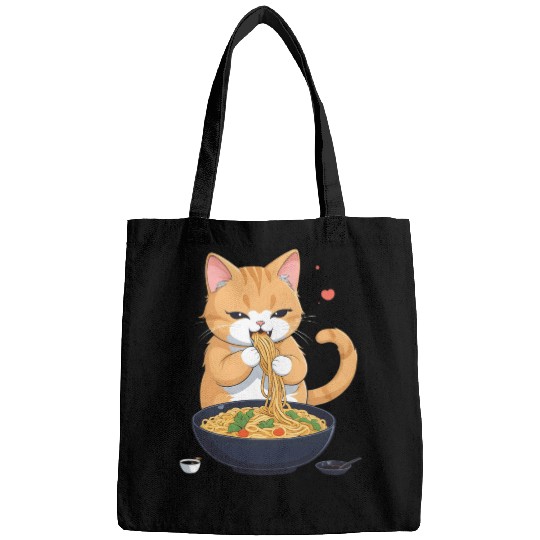 Funny Kawaii Cat Eating Ramen Noodles Japanese Bags