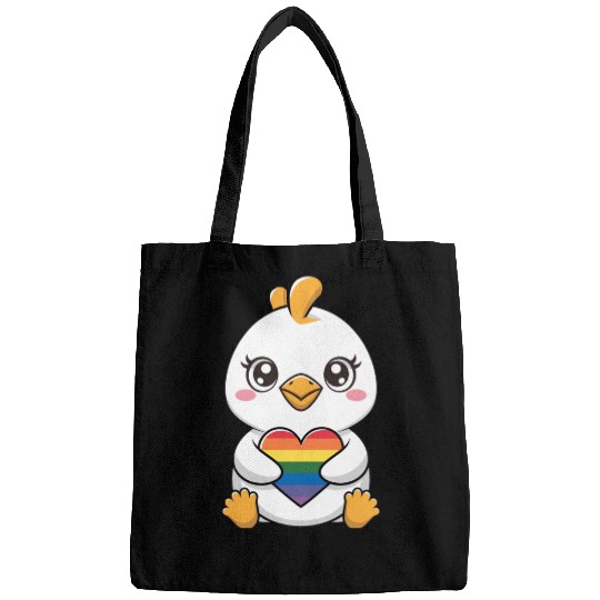 Adorable Chick Holding Rainbow Heart LGTBQ Bags