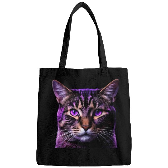 Vivid Lilac-Eyed Tabby Cat Portrait Bags