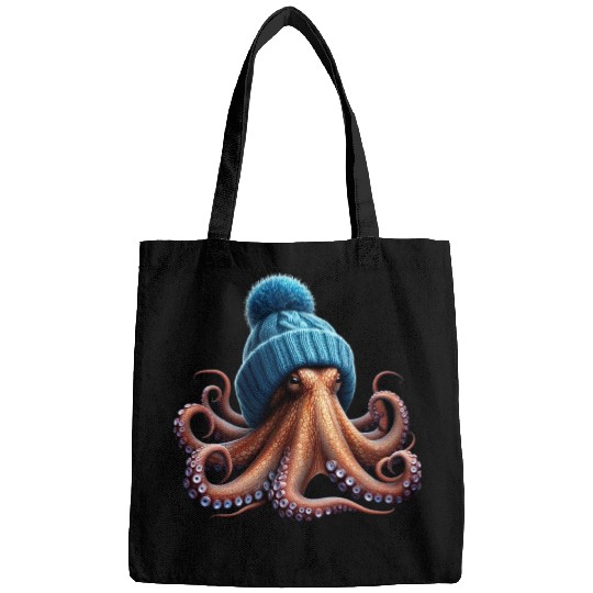 An Octopus Wearing a Knitted Blue Winter Hat Bags