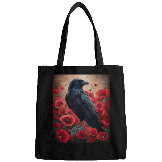 Raven Red Poppies Gothic Nature Art natural Bags