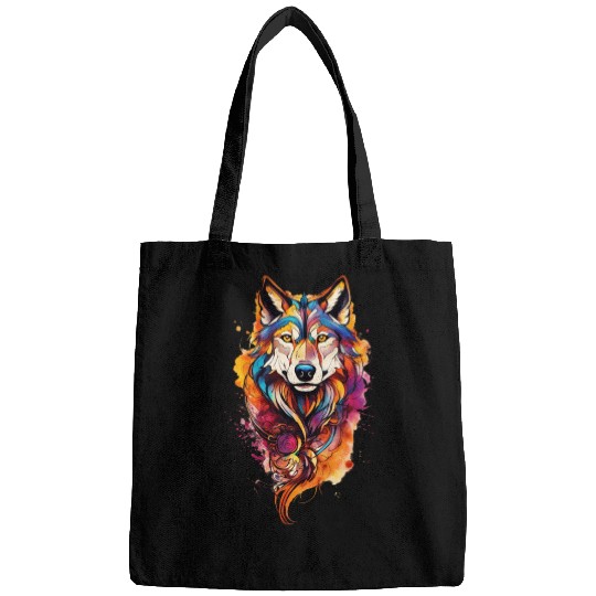 Colored wolf dog Bags