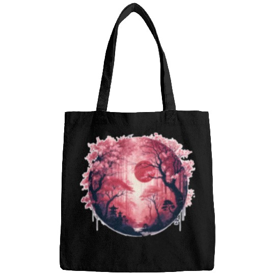 Serene Sakura Under Crimson Sun Bags