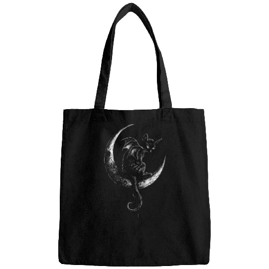 Cat With Bat Wings Sitting On Crescent Moon Goth Bags