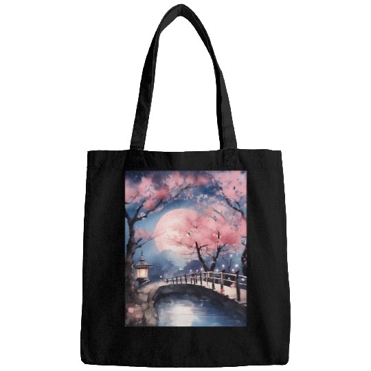 Watercolor cherry blossom festival full moon Bags