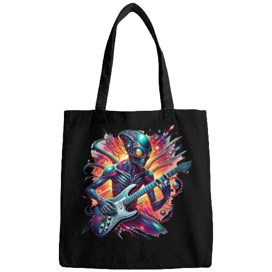Alien playing guitar with rainbow background Bags