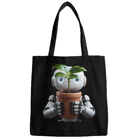 Robot Cradling Green Plant In Terracotta Pot Bags