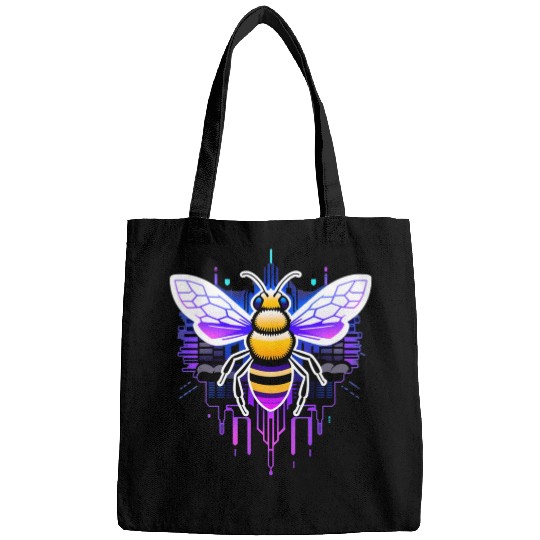A bee cyberpunk-style with glowing neon stripes Bags