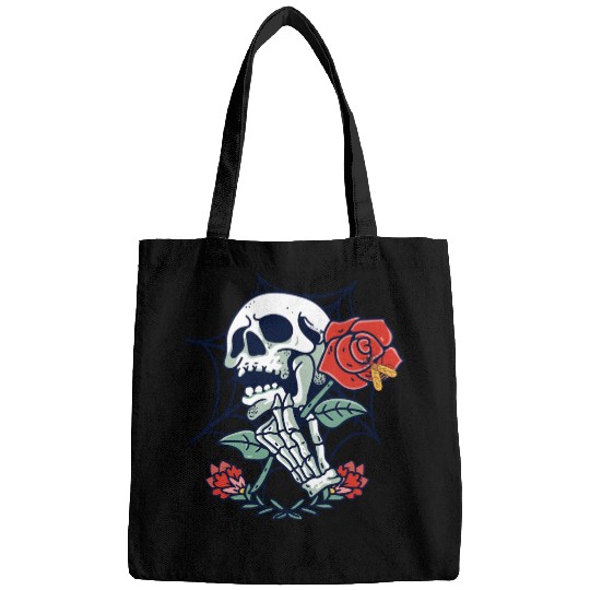 Skull holding a rose Bags