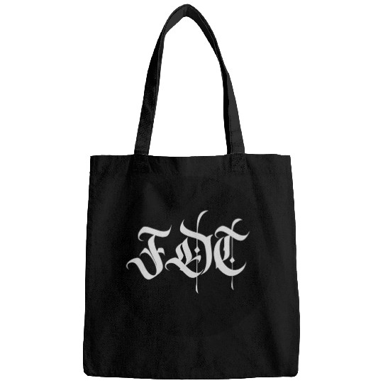 Ornate Gothic Lettering FDT in Light Grey on Black Bags