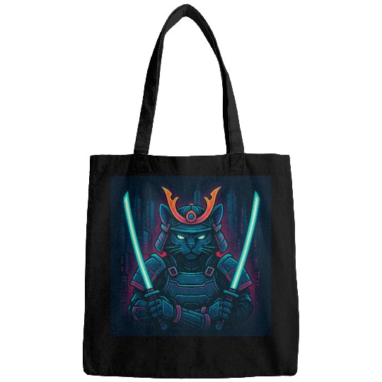 A futuristic samurai cat in neon armor with glo Bags