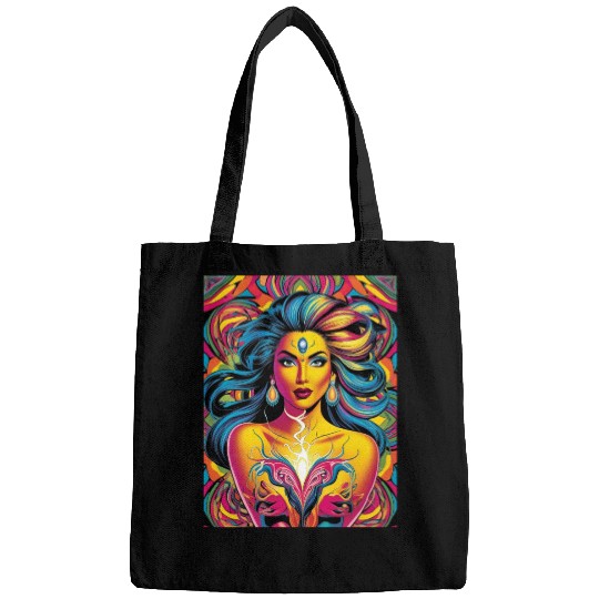 Vibrant Psychedelic Goddess Illustration Bags