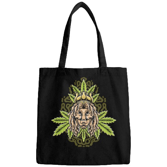 handdrawn lion marijuana leaf with old school t Bags