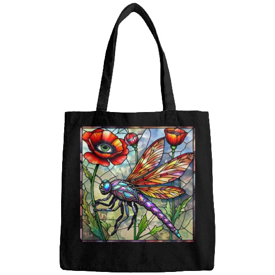 Dragonfly stained glass poppy flower insect eye Bags