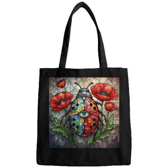 Ladybug stained glass vibrant poppy flower insect Bags