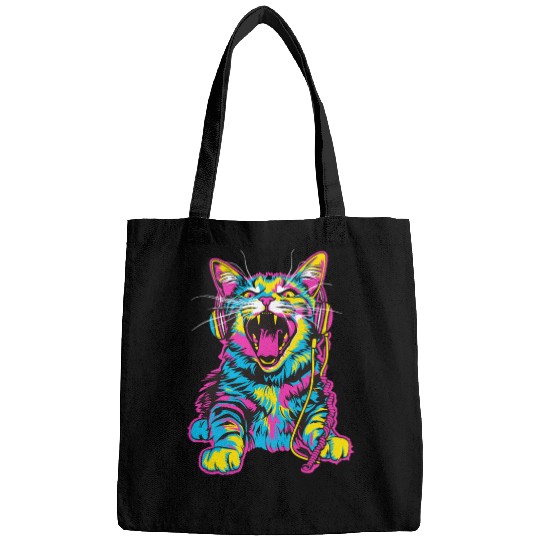 Psychedelic Cat with Headphones in Vibrant Colors Bags