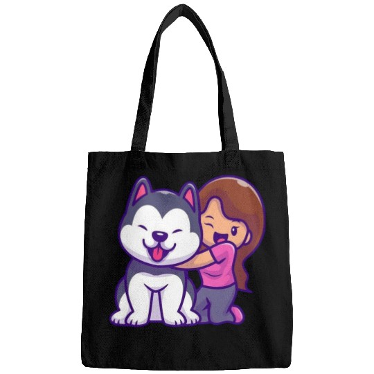 Cute Girl Hugging Playful Husky Design Bags