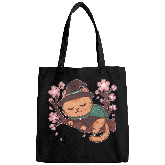 Whimsical Wizard Cat in Blooming Cherry Tree Bags