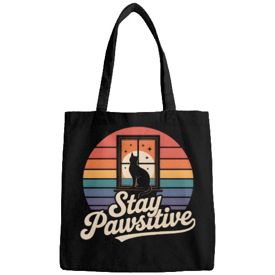 Stay Pawsitive Retro Cat Window Starry Night Bags
