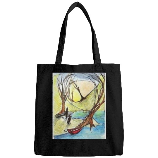 Serene Autumn River Scene Illustration Bags