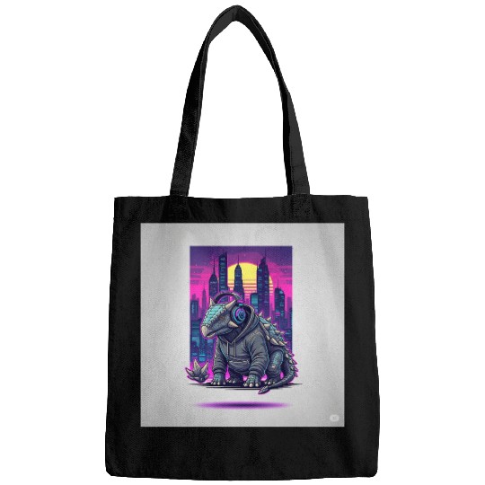 Cyberpunk Iguana with Neon Skyline Bags