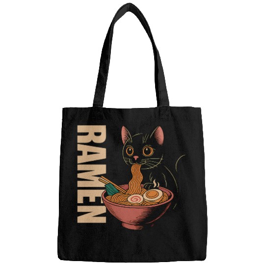 Black Cat Ramen Illustration Bags