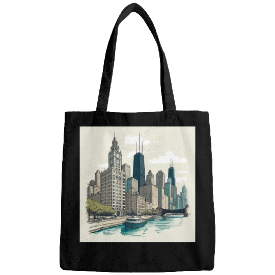 Chicago Skyline with Lake Michigan View Bags