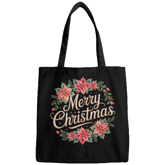 Elegant Poinsettia Wreath Merry Christmas Script Bags