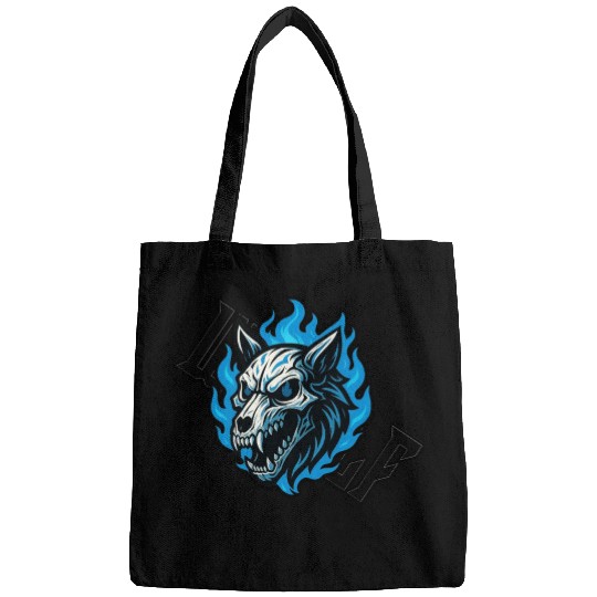 Fierce Wolf Skull with Blue Flames Bags
