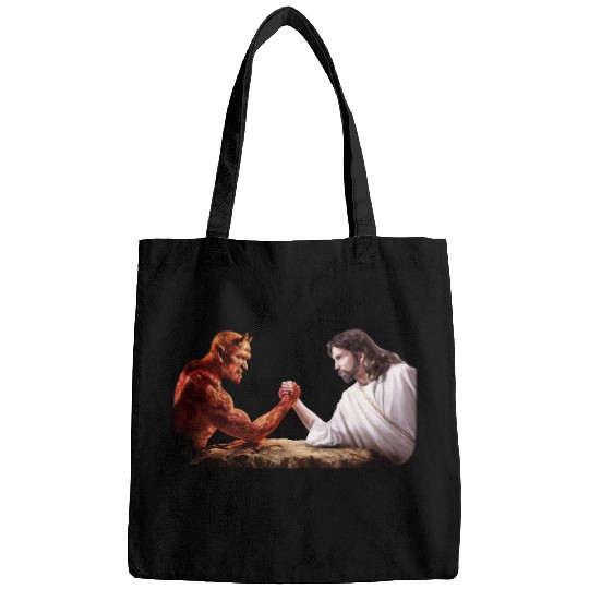 God arm wrestling Satan Bags