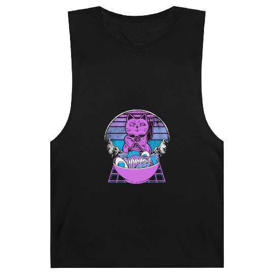 Ramen Maneki Neko Cat Kawaii Retrowave Sunset 80s Barnard Tanks