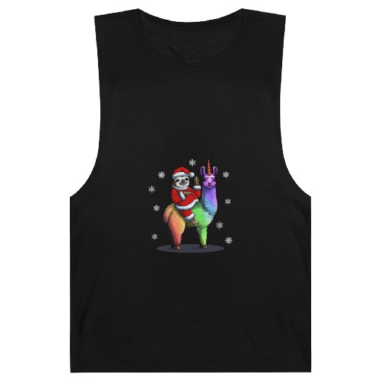 Santa Sloth Riding Llama Unicorn Snowflakes Christ Barnard Tanks