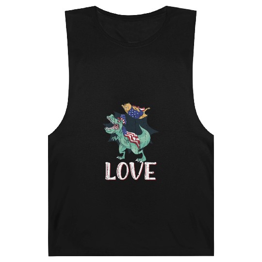 Love America Cat Dinosaur USA Flag 4th Of July Barnard Tanks