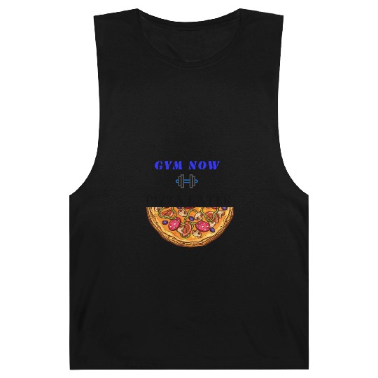 Gym now pizza later, funny gym saying, gym lover Barnard Tanks
