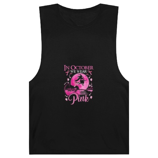 In October We Wear Pink Ribbon Witch Halloween Barnard Tanks